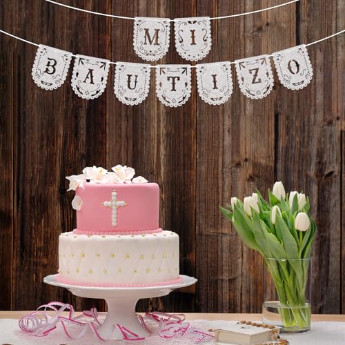 Image of Mi Bautizo Banner - God Bless Banner, Mi Primera Comunion Decor, First Holy Communion Sign, Baptism Christening Baby Shower Party Decorations Silver Glitter