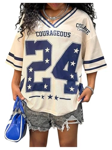 Girl's Y2K Mesh Oversized Jersey Tops Number Star Graphic Tees Vintage V Neck T Shirts