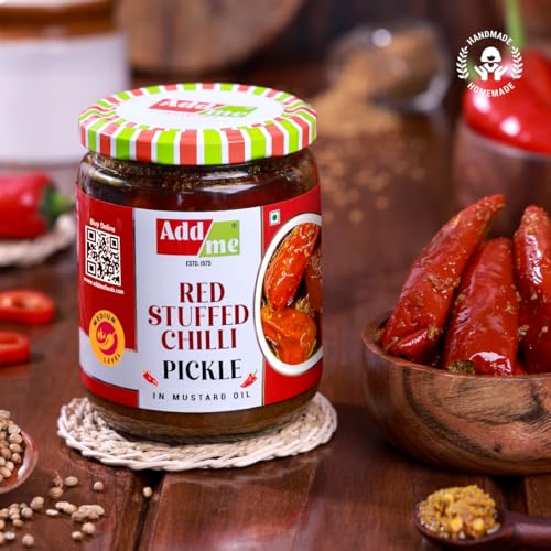 Image of Add Me Red Stuffed Chilli Pickle 500gm Home made lal mirch mirchi ka Bharwa indian achar Pickles in Mustard Oil Glass Pack
