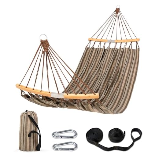 SUNCREAT Hammocks Double Hammock with Curved Spreader Bar, Outdoor Camping Portable Hammock with Carrying Bag & Tree Straps for Patio, Backyard, Balcony, Max 450lbs Capacity, Brown