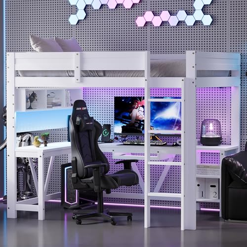 Cama alta 90x200 cm con LED y USB, litera con escritorio, espacio de almacenamiento, cama individual gaming para niños con cargador, varios compartimentos, estructura de madera, sin colchón (Blanco)