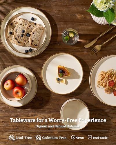Image of Famiware Stoneware Dinnerware Set for 4 with Pasta Bowls, Dishes with Trim | Cream, 16 pcs creamic double bowls & flat plates, chip & scratch resistant, microwave & dishwasher safe, everyday formal use