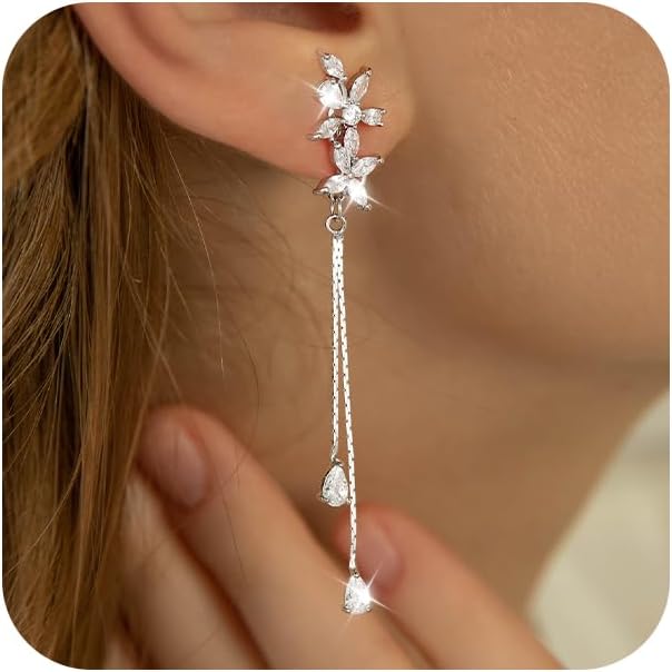 Clip on Earrings for Women Cubic Zirconia 925 Sterling Silver Plated Long Tassel Dangle Drop Clip Earrings Non Pierced Earrings for Women Jewelry Gifts Wedding Party