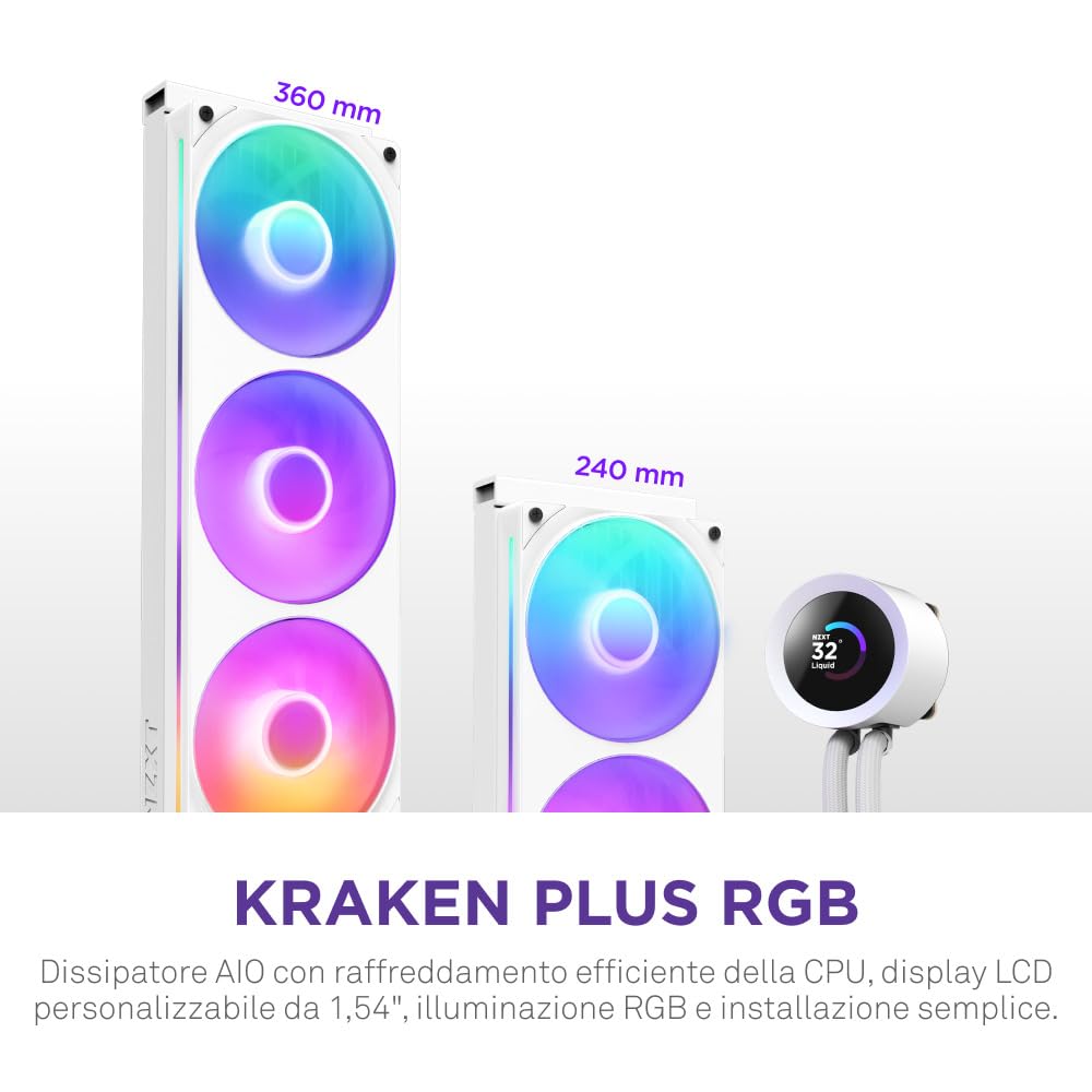 NZXT Kraken Plus 240 RGB - Dissipatore CPU AIO 240mm, LCD - Bianco | AIO 240mm con LCD personalizzabile, ventola F240 RGB Core e NZXT Turbine Pump. Temp migliori, RGB sincronizzato via CAM.