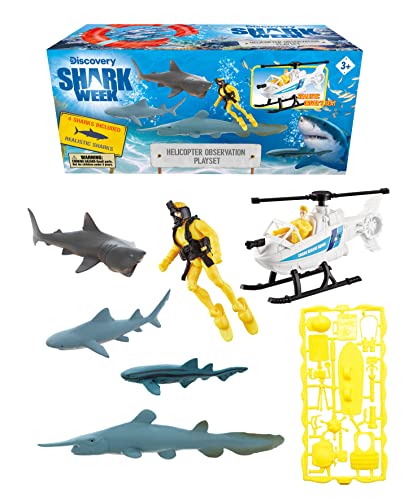 Shark Week Discovery Helicopter Observation Playset for Kids, Helicopter, Action Figure, Great White Shark, Realistic Shark and Birthday Party Favor