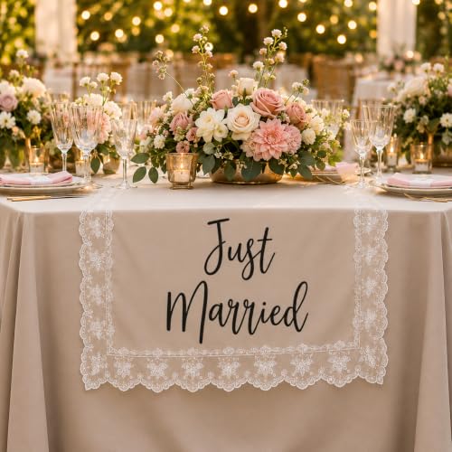 Image of Just Married Wedding Table Runner with Lace Trim, Handmade Sweetheart Head Table Banner Just Married Lace Sign for Wedding Reception Car Event Bridal Shower Home Bar Party