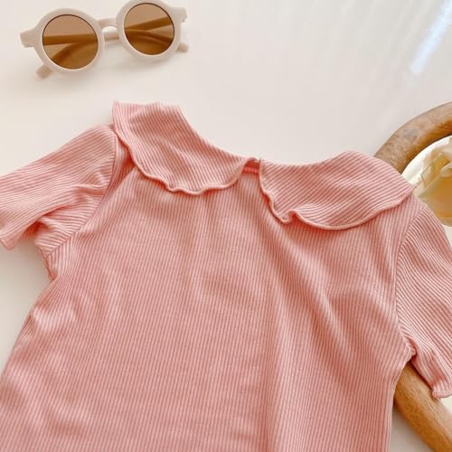 Girls Cute Solid Color T-Shirt Short Sleeve 𝐏eter Pan Collar Ribbed Shirts Causal Blouse Top Summer Clothes2
