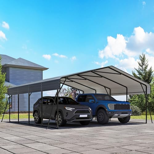 Image of Heavy Duty Metal Carport, 20 x 20FT Outdoor Carport with Galvanized Steel Frame and Roof, Multi-Use Car Shelter for 2 Cars, Pickup, Tractors, Gray