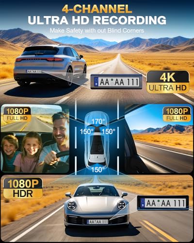 Image of 4 Channel 360 Dash Cam Front Rear and Left Right Inside, 4K+3 * 1080P Dash Camera for Cars with Free 128GB SD Card, 5.8GHz WiFi-30MB /s, 24H Parking Mode, G-Sensor, GPS, Night Vision, Voice Control