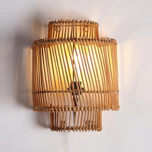 Image of Habere India-All the Cultures Fabricating India Wall Mount Lamps for Bedroom | Bedroom Lights for Wall | Lamp for Living Room | Rattan Lamp - (M: 30 * 25 * 14 cm)