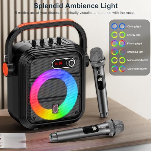 Image of JYX Karaoke Machine with 2 Wireless Microphones, Portable Bluetooth Speaker PA System with Shoulder Strap, RGB Lights, Subwoofer Support TWS, USB, Radio, AUX, REC, Bass&Treble for Home Party /Adults