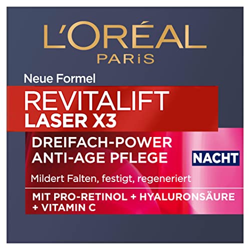 L'Oréal Paris Crema de noche antiedad con triple potencia para mujer: reduce las arrugas y tensa la piel, con Pro-Retinol, ácido hialurónico y vitamina C, láser RevitaLift, 1 x 50 ml