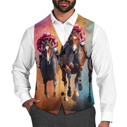Jockeys Racing Horse Game Suit Vest for Men Slim Fit Sleeveless Jacket V Neck Business Waistcoat Button Up Dressy Top