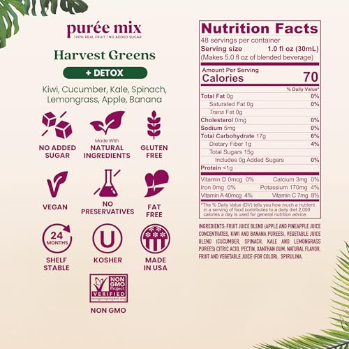 Image of Smartfruit Harvest Greens + Detox - 100% Real Fruit Puree with Kiwi, Cucumber, Kale, Spinach, Lemongrass, Apple & Banana - Great for Smoothies, Juice, Yogurt, Cocktails, Teas & More - 2-Pk, 48oz Each
