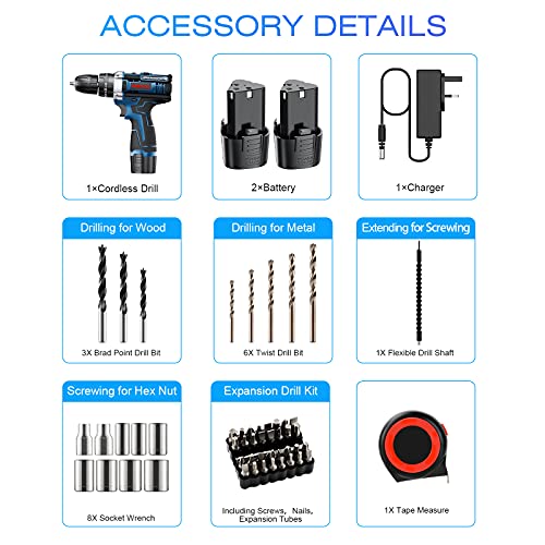 Undreem Akku-Bohrmaschine, 12 V Max Power Schlagschrauber/Bohrer-Set mit Li-Ion-Batterie und Ladegerät, Schnellspannbohrfutter, Akkubohrmaschine, kabellos, variable Geschwindigkeit – Bild 8