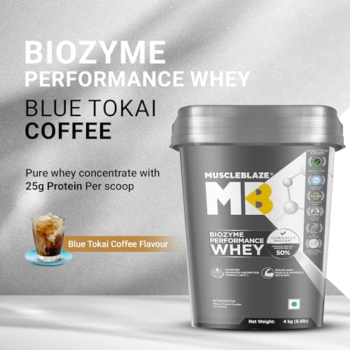 Image of MuscleBlaze Biozyme Performance Whey Protein Powder, Blue Tokai Coffee (4kg / 8.8lbs) | 25g Protein Per Scoop | Clinically Tested 50% Higher Protein Absorption