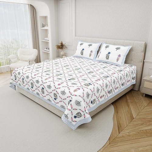 Image of DE CAMA 100% Cotton King Size Bedsheet, Blue & Pink | 300 TC Premium, 90 x 108 Inch, 2 Pillow Covers Set 17 x 27 Inch, Hand Block Printed, Since 1997