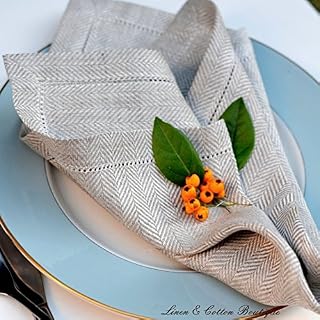 Set of 4 Hemstitched Linen & Cotton Herringbone Natural Napkins Oxford, 100% Linen - 17.6'' x 17.6'' (44cm x 44cm)