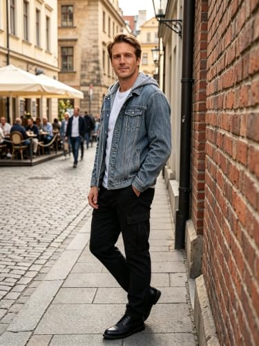 Image of Lavnis Men's Denim Hoodie Jacket Casual Slim Fit Button Down Jeans Coat