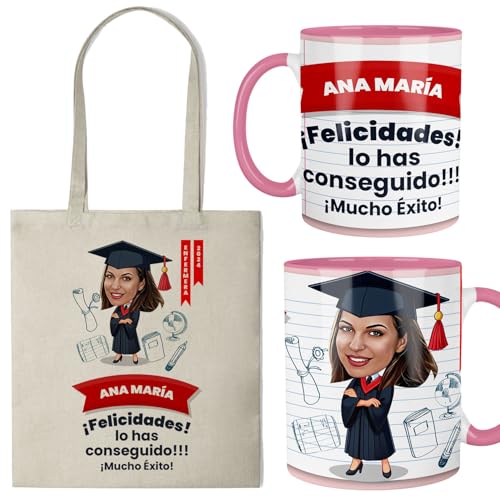 Kembilove® Conjunto de presente de graduação personalizada para mulher, caneca e bolsa com nome e caricatura | Felicitação original para enfermeira ou estudante | Fim de curso ou opção