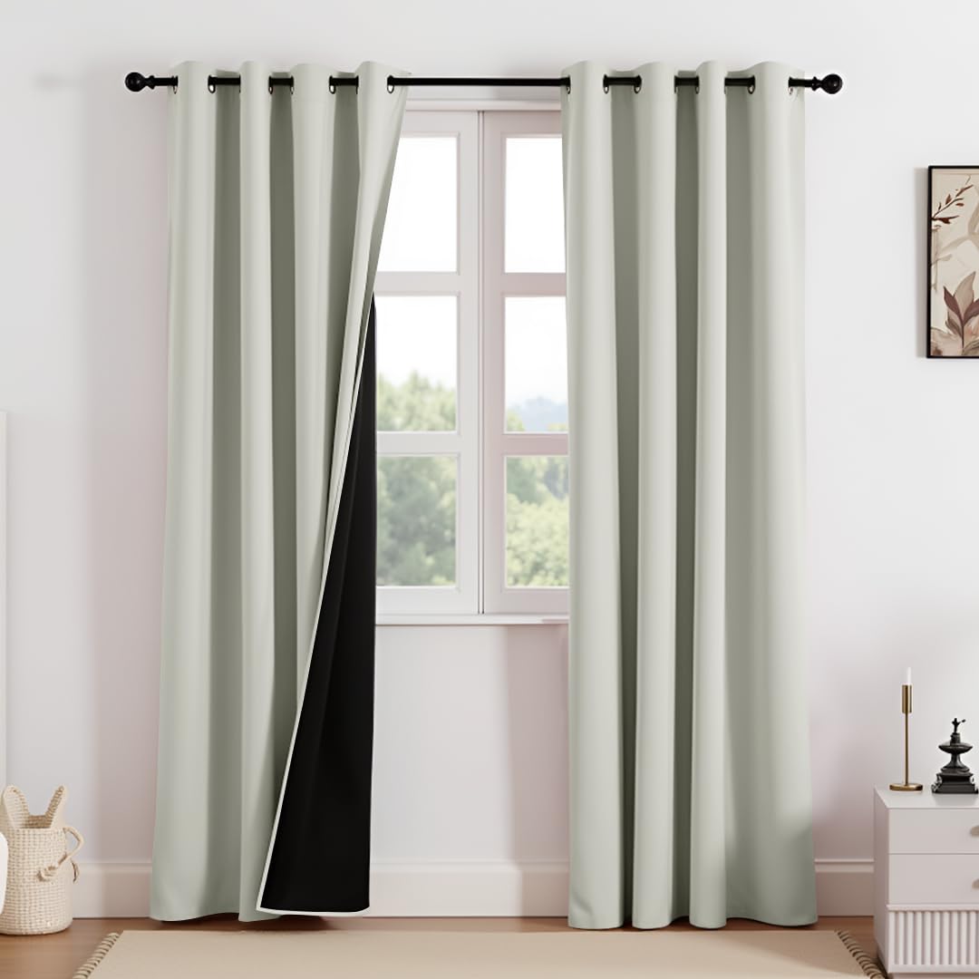 HOMEMONDE 100% True Blackout Curtain Long Solid Door 8 Feet Set of 2 - Thermal Insulation, Black Backing & Fade Resistant Drapes - (96 Inch, Off White)