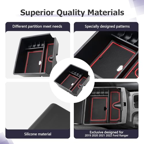 Image of LUWU Ranger Center Console Organizer for 2019 2020 2021 2022 2023 Ford Ranger XL /XLT /Lariat /Raptor Accessories Armrest Console Storage Box Glove Organizer Tray ABS Material Red
