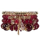 Bookay Bohemian Bracelet Sets for Women - 4-Pack Stackable Stretch Bead Bracelets with Black＆White Crystal & Gold Accessories, Multi-Layer Boho Jewelry for Holiday Gift (red)