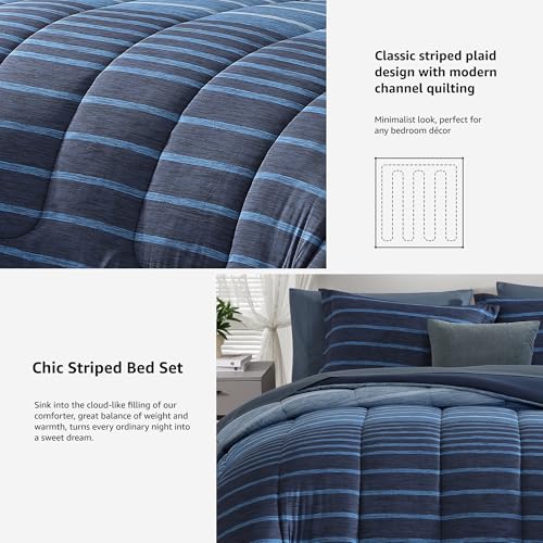 Image of Monbix Queen Comforter Set - 7 Pieces Bed in a Bag Queen, Navy Blue-Stripe Bedding Sets, All Seasons Comforter Bed Set with Sheets, Pillowcases & Shams