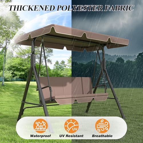 Image of GARTOO 3-Seat Patio Swing Chair, Outdoor Porch Swing with Adjustable Canopy and Durable Steel Frame for Patio, Garden, Poolside(Brown)