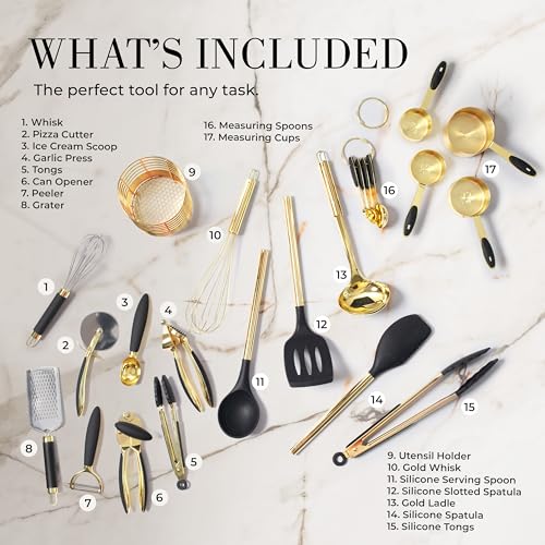 Black and Gold Kitchen Utensils Set - 23-Piece Luxury Kitchen Accessories Includes Gold Measuring Cups, Spoons, Silicone Cooking Utensils and Tools for Baking, Cooking, and Stylish Kitchen Decor