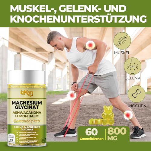 Magnesiumglycinat-Gummibärchen 1600 mg zuckerfreies Magnesiumpräparat mit Ashwagandha, Zitronenmelissenextrakt und CoQ10 für eine ruhige Stimmung und Muskeln, Schlafunterstützung 60 Gummibärchen (1)