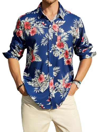 Hardaddy Men's Tropical Floral Button Down Long Sleeve Hawaiian Shirt Flower Printed Beach Shirts Dark Blue XL