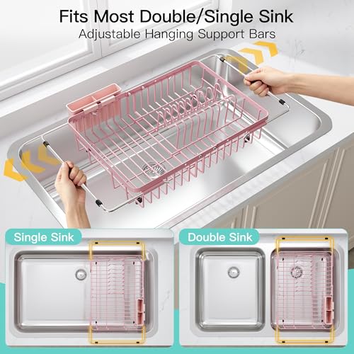 Image of JASIWAY Pink Dish Drying Rack Over the Sink with Utensil Holder