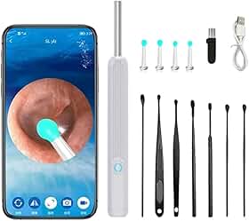 Aparelho de Visualização Auricular com Câmera HD 1080p, 6 LEDs e WiFi – Kit para Limpeza de Ouvido com Ponteiras de Silicone – Compatível com Android e iOS – Bateria Recarregável (Branco)