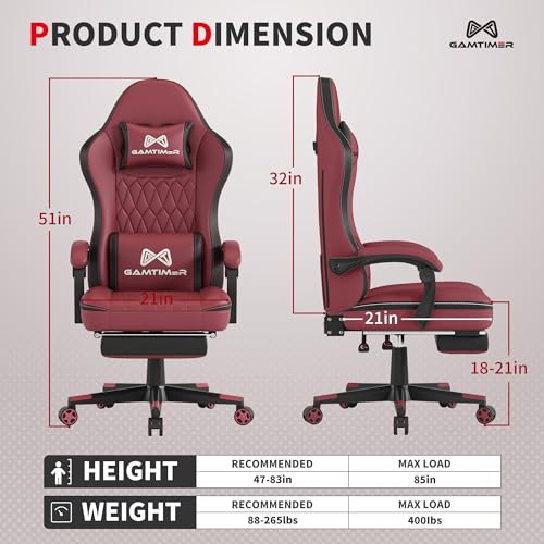 Image of Gamtimer Gaming Chair with Footrest, Ergonomic Computer Chair, PU Breathable Material with Headrest and Lumbar Support, Suitable for Silla Gamer and Adults (RED)