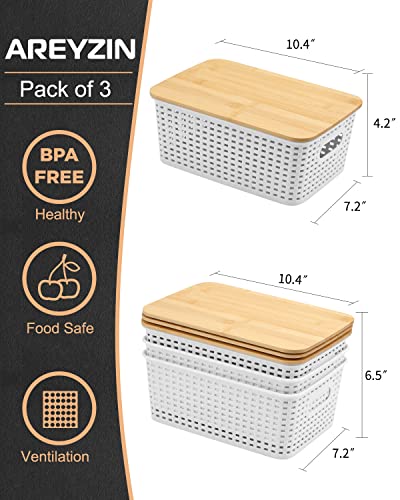 Eoenvivs Plastic Storage Baskets With Bamboo Lid Pantry Organization And Storage Containers Lidded Organizer Bins Small Baskets For Shelves Drawers Desktop Closet Playroom Classroom Office, 3 Pack #TOP2