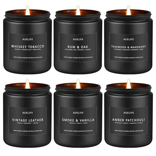 Scented Candles Set | Gifts for Men - 6Pack Candle Set - Masculine Candle, Soy Candles for Home Scented, Aromatherapy Gift - Fragrance of Smoke Vanilla/Leather/Mahogany/Tobacco/Oak/Amber Patchouli