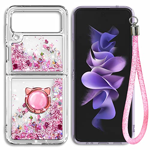 Ngb Supremacy Compatible With Samsung Galaxy Z Flip 3 5G Case (2021) With Ring Holder/Wrist Strap, Liquid Sparkle Floating Glitter Cute Girls Women Protective Case (Rose Gold) #TOP5
