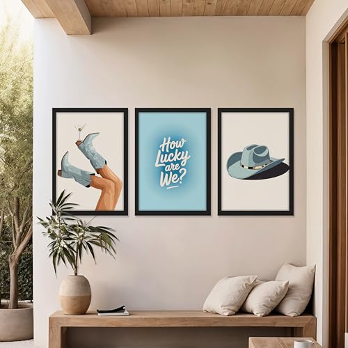 Image of NoWorries Cowboy Western Wall Art Framed Painting Set of 3 | Boots, Hat & inchHow Lucky Are We inch Quote Prints with Frame | Vintage Western Aesthetic Decor Frames | Rustic Country Wall Art for Living Room, Bedroom and Bar, Framed Artwork Ready to Hang (Art-6, 13x19inch, Wooden)