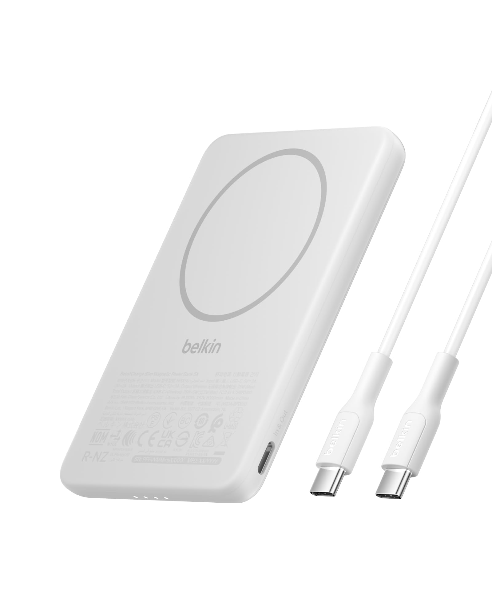 Belkin BoostCharge Manyetik Power Bank 5000 mAh, Manyetik Halka ve USB-C Porta Sahip İnce Taşınabilir Şarj, iPhone, Galaxy, Pixelsnap, iPad ve Tablet için Batarya Paketi, USB-C Kablo Dahil, Beyaz
