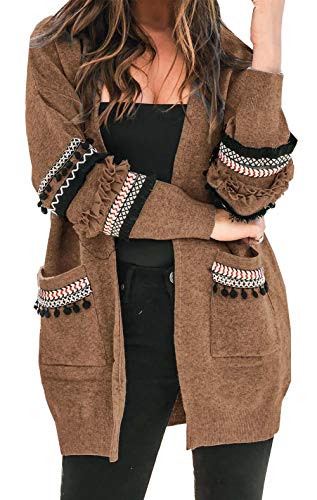 BTFBM Women Boho Long Sleeve Open Front Knit Cardigan with Pockets Bohemian Knitted Sweater Outwear Coat Tops (Light Khaki, Medium)