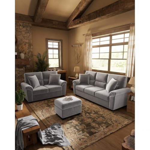 Image of Anderson Sofa Set for Living Room | Sectional Sofas | Premium Leather Sofa for Home Office | Leather Sofa Set | Leatherette Sofa (Light Grey Fabric, 3+2 Seater with Ottoman)