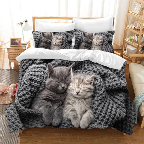 MIQEBX Parure de Lit Chat Imprimé Motif 135x200cm Mignon Chat Housse de Couette avec 2 Taies d'oreiller 3D Animal de Compagnie Imprimé Literie en Microfibre,pour...