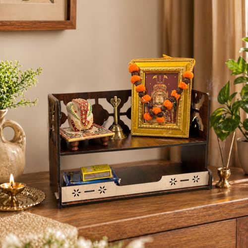Image of Zesta Wooden Mandir for Home Big Size | DIY Pooja Mandir with LED Spot Light | Devghar Cabinet for Living Room or Office | Wall Mounted Pooja Unit for Home (Double Step)