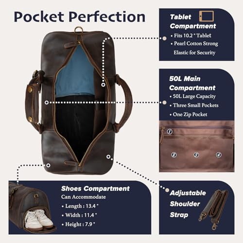 Leather Duffle Bags for Men with Shoe Compartment – 23.6" x 12.6" x 11" Travel Bag, Gym Bag, Also Suitable for Crossbody or Shoulder Carry, Dark Brown Large Size3