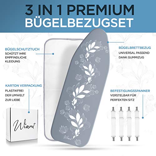 Wiaret -Thermo Reflect Bügelbrettbezug Set 120x40cm inkl. Spannclips+ Bügeltuch- mit Gummizug-für Dampfbügeleisen-extra dick gepolstert grau-weiß - Image 8