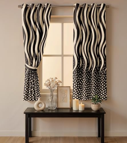 Image of Ultimate Trends Room Darkening Digital Printed Modern Curtain 65-70% Opacity,Diamond Eyelets, Tie Back, Modern Prints, 9 FEET Pack of 1,Mocha Cream Waves