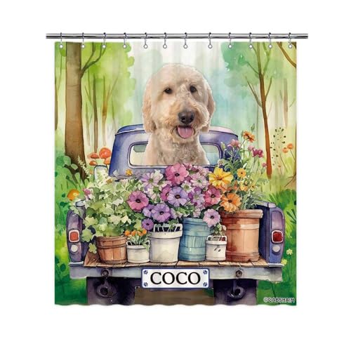 GABSHAIM Custom Goldendoodle Flowers Spring Summer Shower Curtain Funny Dog Drive a Truck in Forest Bath Curtain Bathroom Home Decor 72x72 Inch