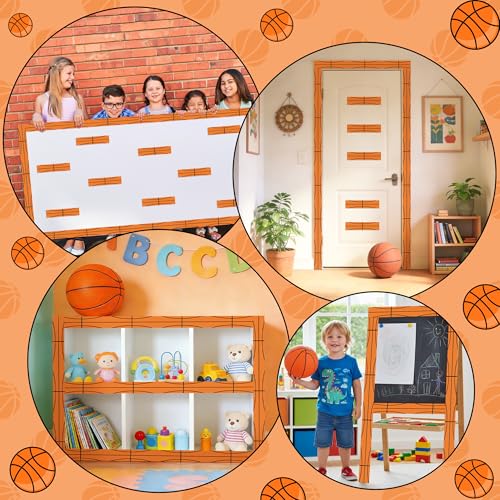 Image of BeYumi Basketball Sport Border Trim - 65ft Back to School Basketball Patterned Straight Rolled Border Trim Orange Basketballs Die Cut Sports Bulletin Board Party School Classroom Chalkboard Wall Decor