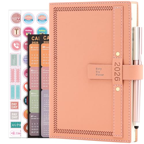 2026 Diary A5 Page a Day Full Year Planner, Diary 2026 from Jan 2026 to Dec 2026, Daily Monthly Planner with Calendar, Pen, Pen Holder, Month Tabs, inner Pocket (Pink)